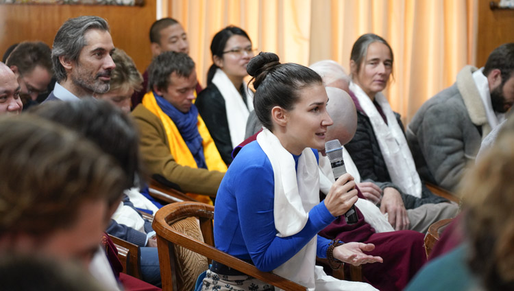 A trainee translator asking His Holiness the Dalai Lama a question during his meeting with Tibetan Studies' students at his residence in Dharamsala, HP, India on December 2, 2019. Photo by Ven Tenzin Jamphel A trainee translator asking His Holiness the Dalai Lama a question during his meeting with Tibetan Studies' students at his residence in Dharamsala, HP, India on December 2, 2019. Photo by Ven Tenzin Jamphel