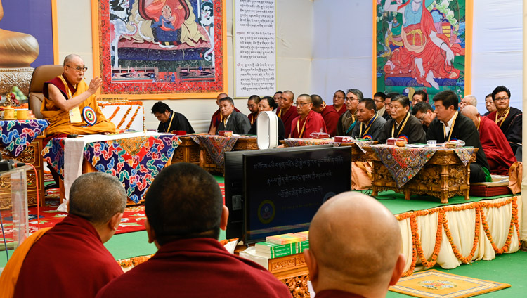 His Holiness the Dalai Lama speaking at the 25th Founding Anniversary of Kirti Jepa Dratsang in Dharamsala, HP, India on December 7, 2019. Photo by Manuel Bauer His Holiness the Dalai Lama speaking at the 25th Founding Anniversary of Kirti Jepa Dratsang in Dharamsala, HP, India on December 7, 2019. Photo by Manuel Bauer