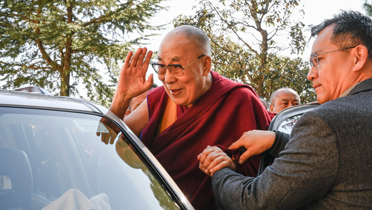 His Holiness the Dalai Lama waving to the crowd as departs for his residence at the conclusion of the inauguration of the Symposium on Monastic Education to mark the 25th anniversary of Kirti Jepa Dratsang in Dharamsala, HP, India on December 7, 2019. Photo by Manuel Bauer His Holiness the Dalai Lama waving to the crowd as departs for his residence at the conclusion of the inauguration of the Symposium on Monastic Education to mark the 25th anniversary of Kirti Jepa Dratsang in Dharamsala, HP, India on December 7, 2019. Photo by Manuel Bauer