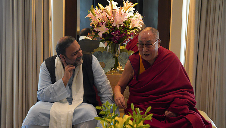 His Holiness the Dalai Lama with Vice-Chancellor of Goa University, Varun Sahni, during their discussion of the new Dalai Lama Chair for Nalanda Studies during a meeting at his hotel in Goa, India on December 11, 2019. Photo by Lobsang Tsering His Holiness the Dalai Lama with Vice-Chancellor of Goa University, Varun Sahni, during their discussion of the new Dalai Lama Chair for Nalanda Studies during a meeting at his hotel in Goa, India on December 11, 2019. Photo by Lobsang Tsering