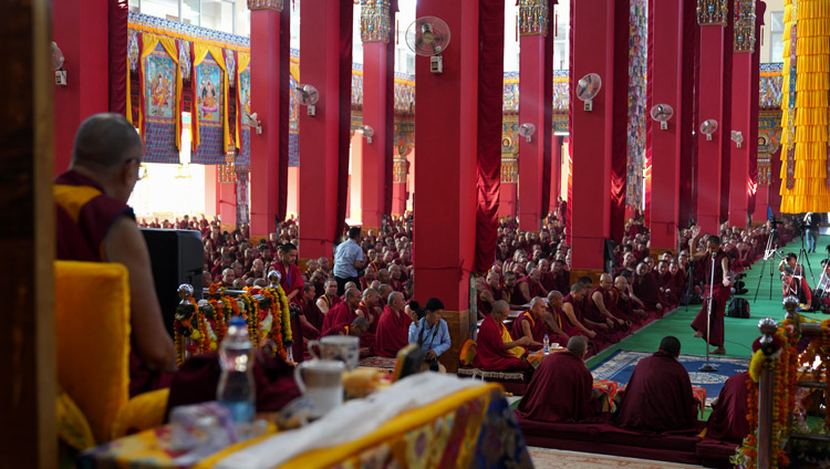 His Holiness the Dalai Lama watching student monks debating Buddhist philosophy at Drepung Loseling Assembly Hall in Mundgod, Karnataka, India on December 18, 2019. Photo by Lobsang Tsering His Holiness the Dalai Lama watching student monks debating Buddhist philosophy at Drepung Loseling Assembly Hall in Mundgod, Karnataka, India on December 18, 2019. Photo by Lobsang Tsering
