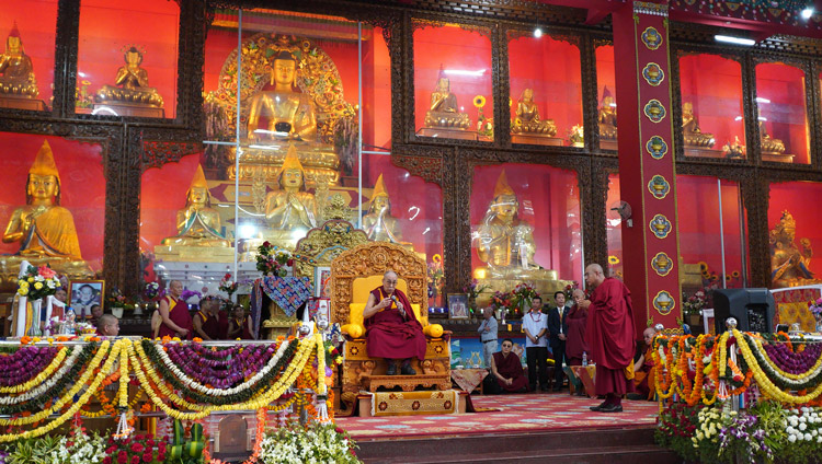 His Holiness the Dalai Lama speaking during the debate session at Drepung Loseling Assembly Hall in Mundgod, Karnataka, India on December 18, 2019. Photo by Lobsang Tsering His Holiness the Dalai Lama speaking during the debate session at Drepung Loseling Assembly Hall in Mundgod, Karnataka, India on December 18, 2019. Photo by Lobsang Tsering