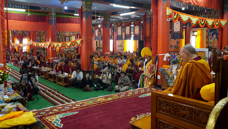 His Holiness the Dalai Lama addressing the congregation during the welcome ceremony at Gaden Shartse Monastery in Mundgod, Karnataka, India on December 18, 2019. Photo by Lobsang Tsering His Holiness the Dalai Lama addressing the congregation during the welcome ceremony at Gaden Shartse Monastery in Mundgod, Karnataka, India on December 18, 2019. Photo by Lobsang Tsering