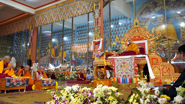 His Holiness the Dalai Lama speaking during the Long Life Offering at Gaden Jangtse Monastery in Mundgod, Karnataka, India on December 22, 2019. Photo by Lobsang Tsering His Holiness the Dalai Lama speaking during the Long Life Offering at Gaden Jangtse Monastery in Mundgod, Karnataka, India on December 22, 2019. Photo by Lobsang Tsering