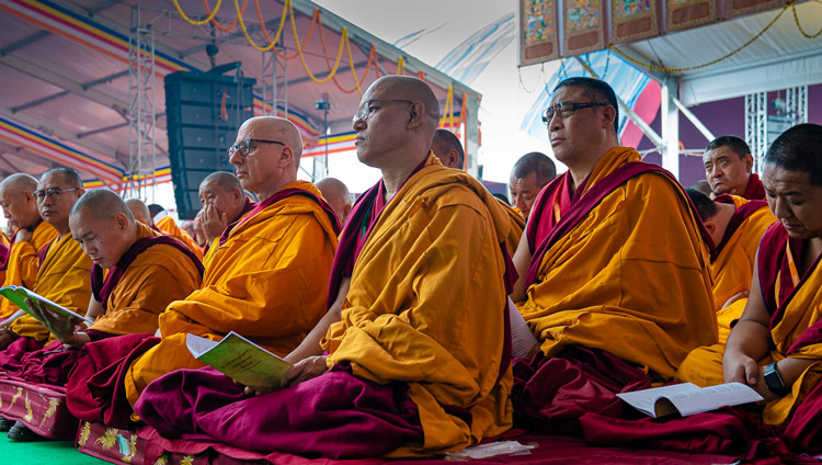 Senior monastics sitting on stage following His Holiness the Dalai Lama's teaching at the Kalachakra Ground in Bodhgaya, Bihar, India on January 2, 2020. Photo by Tenzin Choejor