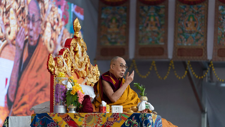 His Holiness the Dalai Lama speaking before starting the Avalokiteshvara Empowerment at the Kalachakra Ground in Bodhgaya, Bihar, India on January 3, 2020. Photo by Tenzin Choejor His Holiness the Dalai Lama speaking before starting the Avalokiteshvara Empowerment at the Kalachakra Ground in Bodhgaya, Bihar, India on January 3, 2020. Photo by Tenzin Choejor
