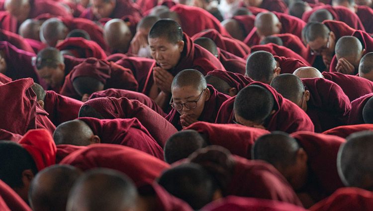 Monastics in the crowd taking bodhisattva vows from His Holiness the Dalai Lama at the Kalachakra Ground in Bodhgaya, Bihar, India on January 5, 2020. Photo by Tenzin Choejor Monastics in the crowd taking bodhisattva vows from His Holiness the Dalai Lama at the Kalachakra Ground in Bodhgaya, Bihar, India on January 5, 2020. Photo by Tenzin Choejor