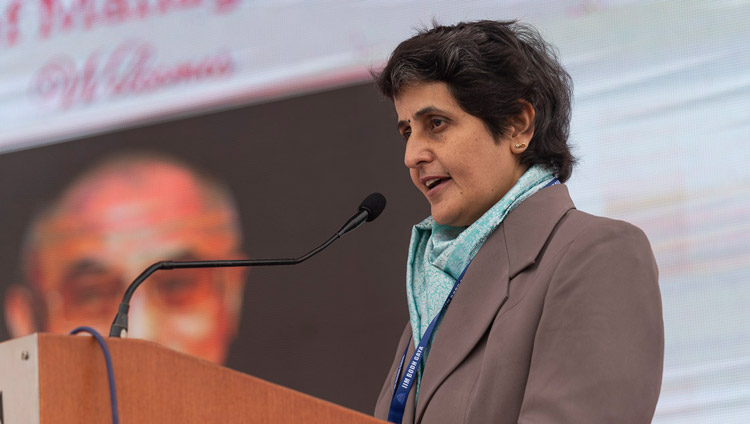 IIM Director, Dr Vinita Sahay, delivering her opening remarks at the start of His Holiness the Dalai Lama's talk at the Indian Institute of Management in Bodhgaya, Bihar, India on January 14, 2020. Photo by Lobsang Tsering