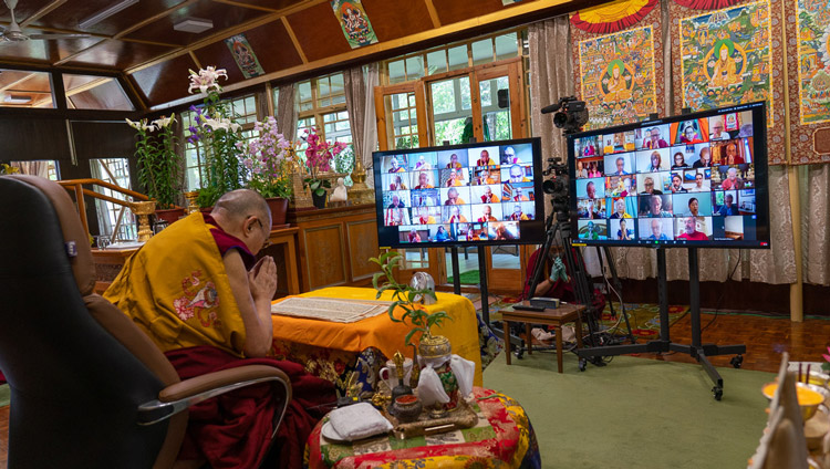 His Holiness the Dalai Lama in front of a virtual audience of lamas and friends from all parts of the world on the first day of the two day Avalokiteshvara Empowerment at his residence in Dharamsala, HP, India on May 29, 2020. Photo by Ven Tenzin Jamphel His Holiness the Dalai Lama in front of a virtual audience of lamas and friends from all parts of the world on the first day of the two day Avalokiteshvara Empowerment at his residence in Dharamsala, HP, India on May 29, 2020. Photo by Ven Tenzin Jamphel