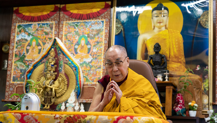 His Holiness the Dalai Lama reading from the preliminary rites for an Avalokiteshvara Empowerment during the live broadcast to a world wide audience from his residence in Dharamsala, HP, India on May 29, 2020. Photo by Ven Tenzin Jamphel His Holiness the Dalai Lama reading from the preliminary rites for an Avalokiteshvara Empowerment during the live broadcast to a world wide audience from his residence in Dharamsala, HP, India on May 29, 2020. Photo by Ven Tenzin Jamphel