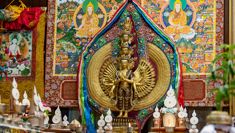Statue of a 1000 armed Avalokiteshvara on the table behind His Holiness the Dalai Lama during the Avalokiteshvara empowerment at his residence in Dharamsala, HP, India on May 30, 2020. Photo by Ven Tenzin Jamphel Statue of a 1000 armed Avalokiteshvara on the table behind His Holiness the Dalai Lama during the Avalokiteshvara empowerment at his residence in Dharamsala, HP, India on May 30, 2020. Photo by Ven Tenzin Jamphel