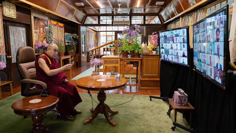 His Holiness the Dalai Lama speaking to Amity University students by video conference from his residence in Dharamsala, HP, India on June 26, 2020. Photo by Ven Tenzin Jamphel His Holiness the Dalai Lama speaking to Amity University students by video conference from his residence in Dharamsala, HP, India on June 26, 2020. Photo by Ven Tenzin Jamphel