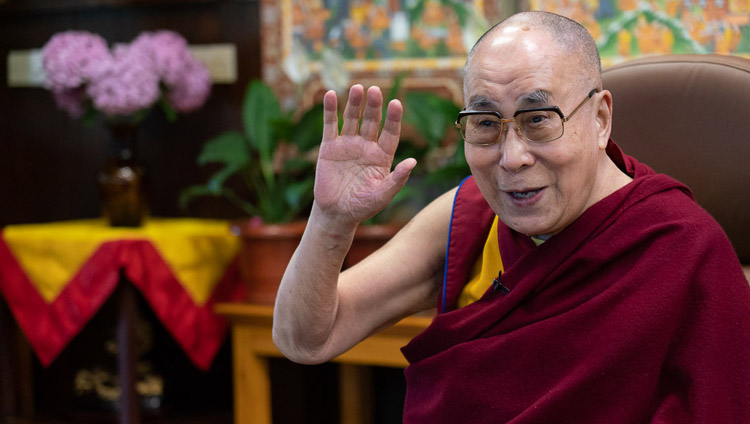 His Holiness the Dalai Lama waving goodbye to students from Amity University at the conclusion their interactive video conference from his residence in Dharamsala, HP, India on June 26, 2020. Photo by Ven Tenzin Jamphel His Holiness the Dalai Lama waving goodbye to students from Amity University at the conclusion their interactive video conference from his residence in Dharamsala, HP, India on June 26, 2020. Photo by Ven Tenzin Jamphel
