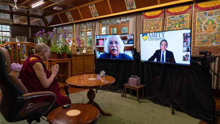 Vice-chancellor of Amity University, Gurgaon, Prof PB Sharma and Chancellor, Dr Aseem Chauhan greeting His Holiness the Dalai Lama at the start if the interactive video conference with students from his residence in Dharamsala, HP, India on June 26, 2020. Photo by Ven Tenzin Jamphel Vice-chancellor of Amity University, Gurgaon, Prof PB Sharma and Chancellor, Dr Aseem Chauhan greeting His Holiness the Dalai Lama at the start if the interactive video conference with students from his residence in Dharamsala, HP, India on June 26, 2020. Photo by Ven Tenzin Jamphel