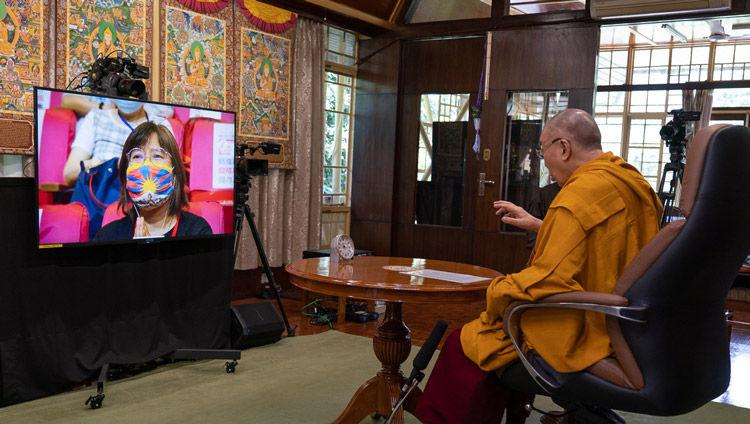 His Holiness the Dalai Lama speaking by video link from his residence in Dharamsala, HP, India to a to a group in Taiwan gathered to celebrate his 85th birthday on July 5, 2020. Photo by Ven Tenzin Jamphel His Holiness the Dalai Lama speaking by video link from his residence in Dharamsala, HP, India to a to a group in Taiwan gathered to celebrate his 85th birthday on July 5, 2020. Photo by Ven Tenzin Jamphel