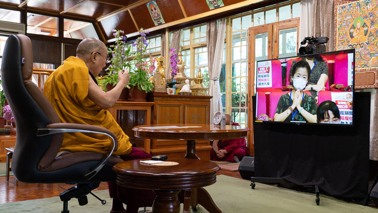 His Holiness explaining the text ‘Eight Verses for Training the Mind’ by video link to a group in Taiwan celebrating his 85th birthday from his residence in Dharamsala, HP, India on July 5, 2020. Photo by Ven Tenzin Jamphel His Holiness explaining the text ‘Eight Verses for Training the Mind’ by video link to a group in Taiwan celebrating his 85th birthday from his residence in Dharamsala, HP, India on July 5, 2020. Photo by Ven Tenzin Jamphel