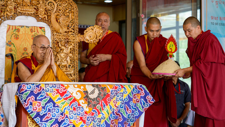 A birthday cake in the form of a ritual cake being presented to His Holiness the Dalai Lama during celebrations in honor of his 91st birthday in Leh, Ladakh, India on July 6, 2026. Photo by Tenzin Choejor