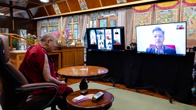 Prof Raman Mittal of the Delhi University Law Faculty welcoming His Holiness the Dalai Lama to the virtual meeting with students from Indian educational institutions by video link from his residence in Dharamsala, HP, India on July 29, 2020. Photo by Ven Tenzin Jamphel Prof Raman Mittal of the Delhi University Law Faculty welcoming His Holiness the Dalai Lama to the virtual meeting with students from Indian educational institutions by video link from his residence in Dharamsala, HP, India on July 29, 2020. Photo by Ven Tenzin Jamphel