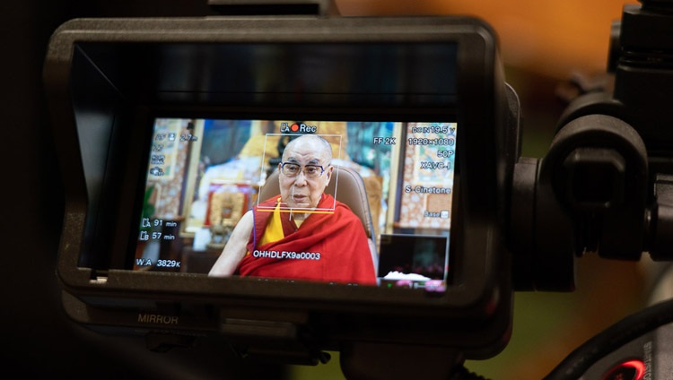 A view from the camera as His Holiness the Dalai Lama speaks to students from Indian educational institutions from his residence in Dharamsala, HP, India on July 29, 2020. Photo by Ven Tenzin Jamphel A view from the camera as His Holiness the Dalai Lama speaks to students from Indian educational institutions from his residence in Dharamsala, HP, India on July 29, 2020. Photo by Ven Tenzin Jamphel