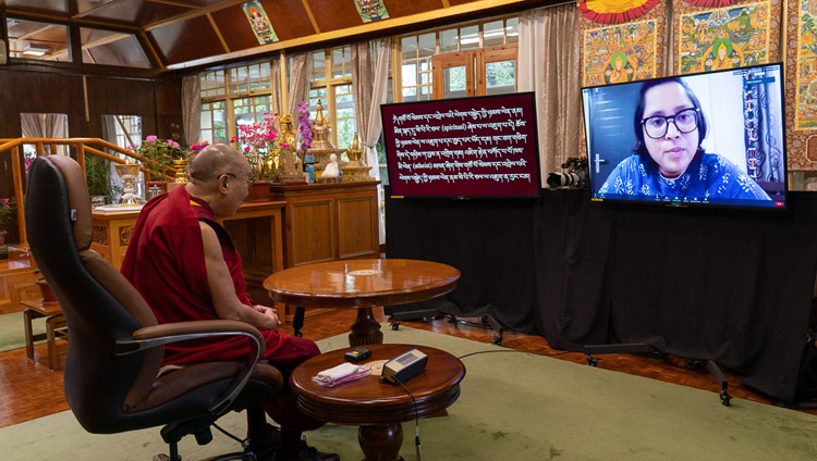 One of the participants asking His Holiness the Dalai Lama a question during his virtual meeting with students from Indian educational institutions from his residence in Dharamsala, HP, India on July 29, 2020. Photo by Ven Tenzin Jamphel One of the participants asking His Holiness the Dalai Lama a question during his virtual meeting with students from Indian educational institutions from his residence in Dharamsala, HP, India on July 29, 2020. Photo by Ven Tenzin Jamphel