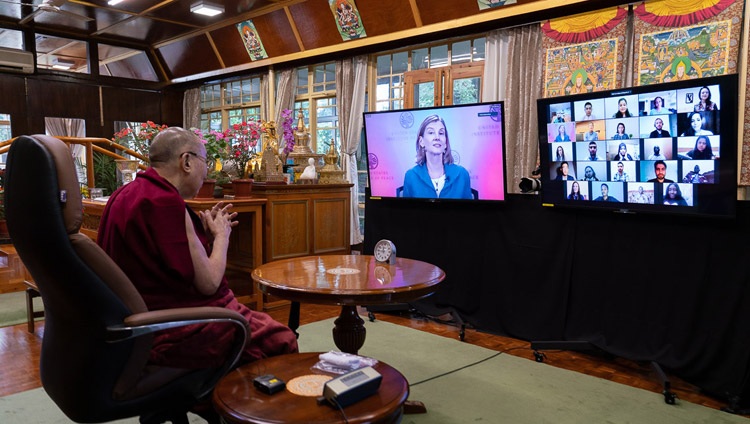Nancy Lindborg, President and CEO of the United States Institute of Peace (USIP) introducing the dialogue with His Holiness the Dalai Lama on Conflict, COVID and Compassion by video link from his residence in Dharamsala, HP, India on August 12, 2020. Photo by Ven Tenzin Jamphel Nancy Lindborg, President and CEO of the United States Institute of Peace (USIP) introducing the dialogue with His Holiness the Dalai Lama on Conflict, COVID and Compassion by video link from his residence in Dharamsala, HP, India on August 12, 2020. Photo by Ven Tenzin Jamphel