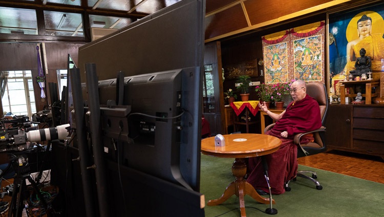 His Holiness the Dalai Lama speaking to the virtual audience of USIP Generation Change Fellows from his residence in Dharamsala, HP, India on August 12, 2020. Photo by Ven Tenzin Jamphel His Holiness the Dalai Lama speaking to the virtual audience of USIP Generation Change Fellows from his residence in Dharamsala, HP, India on August 12, 2020. Photo by Ven Tenzin Jamphel