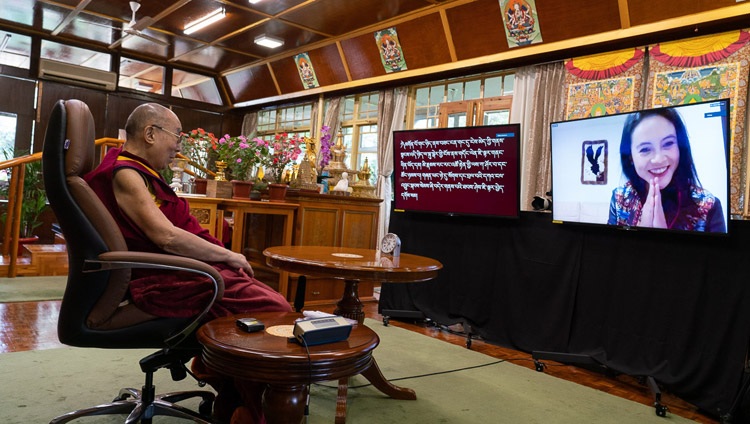 A USIP Generation Change Fellow asking His Holiness the Dalai Lama a question during their dialogue by video link from his residence in Dharamsala, HP, India on August 12, 2020. Photo by Ven Tenzin Jamphel A USIP Generation Change Fellow asking His Holiness the Dalai Lama a question during their dialogue by video link from his residence in Dharamsala, HP, India on August 12, 2020. Photo by Ven Tenzin Jamphel