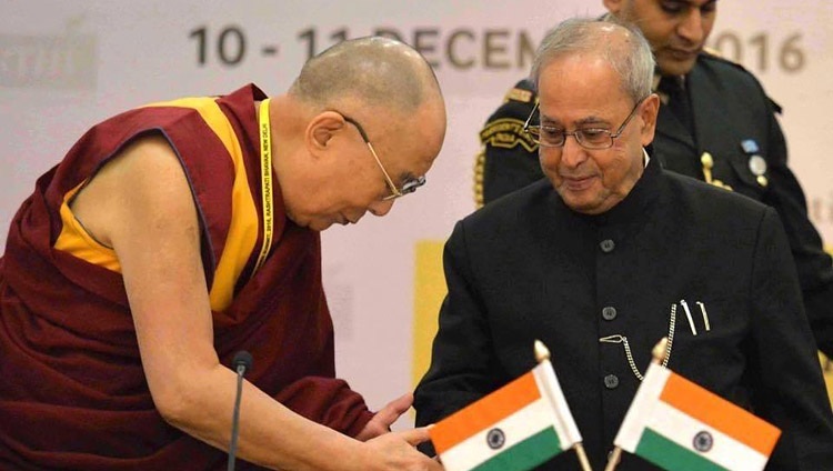 His Holiness the Dalai Lama and President of India Pranab Mukherjee at the Laureates and Leaders for Children Summit at the Rashtrapati Bhavan Cultural Centre in New Delhi, India on December 10, 2016. His Holiness the Dalai Lama and President of India Pranab Mukherjee at the Laureates and Leaders for Children Summit at the Rashtrapati Bhavan Cultural Centre in New Delhi, India on December 10, 2016.