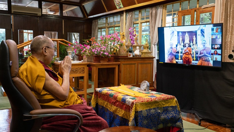 Monks from Thailand reciting the 'Mangala Sutta' in Pali at the start of the first day or teachings by His Holiness the Dalai Lama from his residence in Dharamsala, HP, India on September 4, 2020. Photo by Ven Tenzin Jamphel Monks from Thailand reciting the 'Mangala Sutta' in Pali at the start of the first day or teachings by His Holiness the Dalai Lama from his residence in Dharamsala, HP, India on September 4, 2020. Photo by Ven Tenzin Jamphel