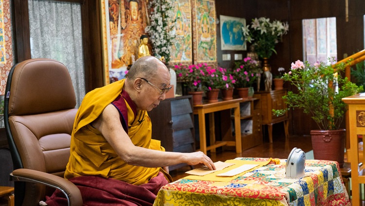 His Holiness the Dalai Lama reading from ‘37 Practices of a Bodhisattva’ on the first day of his teachings by video link from his residence in Dharamsala, HP, India on September 4, 2020. Photo by Ven Tenzin Jamphel His Holiness the Dalai Lama reading from ‘37 Practices of a Bodhisattva’ on the first day of his teachings by video link from his residence in Dharamsala, HP, India on September 4, 2020. Photo by Ven Tenzin Jamphel