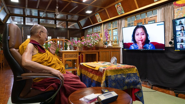 His Holiness the Dalai Lama answering a question from a member of the virtual audience on the first day of his teachings from his residence in Dharamsala, HP, India on September 4, 2020. Photo by Ven Tenzin Jamphel His Holiness the Dalai Lama answering a question from a member of the virtual audience on the first day of his teachings from his residence in Dharamsala, HP, India on September 4, 2020. Photo by Ven Tenzin Jamphel