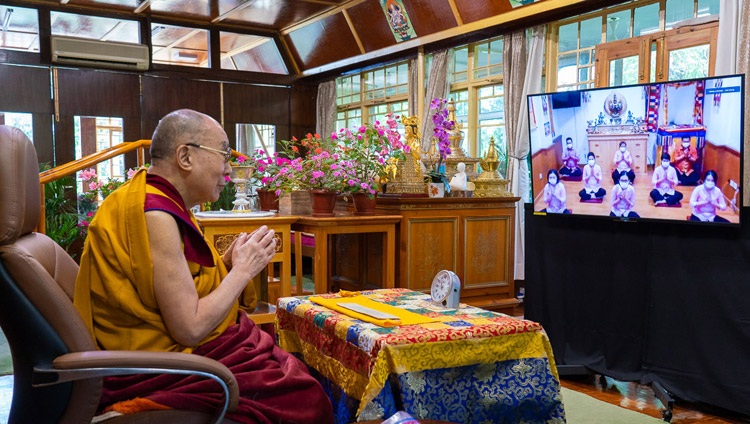 Students at the White Tara Buddhist Center in Jakarta chanting the ‘Heart Sutra’ in Indonesian at the start of the third day of His Holiness the Dalai Lama's teachings from his residence in Dharamsala, HP, India on September 6, 2020. Photo by Ven Tenzin Jamphel Students at the White Tara Buddhist Center in Jakarta chanting the ‘Heart Sutra’ in Indonesian at the start of the third day of His Holiness the Dalai Lama's teachings from his residence in Dharamsala, HP, India on September 6, 2020. Photo by Ven Tenzin Jamphel
