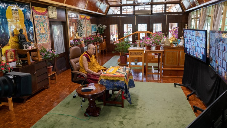 His Holiness the Dalai Lama addressing the virtual audience of Asian Buddhists on the third day of teachings by video link from his residence in Dharamsala, HP, India on September 6, 2020. Photo by Ven Tenzin Jamphel His Holiness the Dalai Lama addressing the virtual audience of Asian Buddhists on the third day of teachings by video link from his residence in Dharamsala, HP, India on September 6, 2020. Photo by Ven Tenzin Jamphel