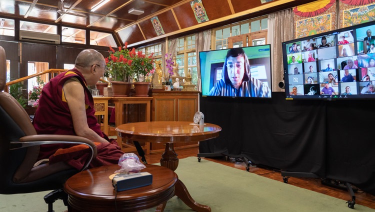 A member of the audience asking His Holiness the Dalai Lama a question during the conversation on Compassion and Mercy &mdash; Common Values between Islam and Buddhism from his residence in Dharamsala, HP, India on September 28, 2020. Photo by Ven Tenzin Jamphel