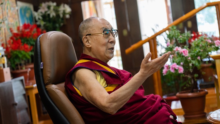 His Holiness the Dalai Lama answering a question from the virtual audience during the conversation on Compassion and Mercy &mdash; Common Values between Islam and Buddhism from his residence in Dharamsala, HP, India on September 28, 2020. Photo by Ven Tenzin Jamphel
