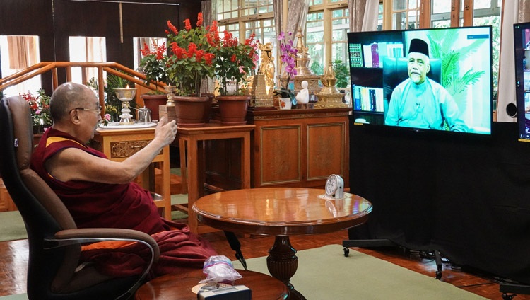 His Holiness the Dalai Lama responding to Professor Emeritus Datuk Osman Bakar during their conversation on Compassion and Mercy &mdash; Common Values between Islam and Buddhism from his residence in Dharamsala, HP, India on September 28, 2020. Photo by Ven Tenzin Jamphel