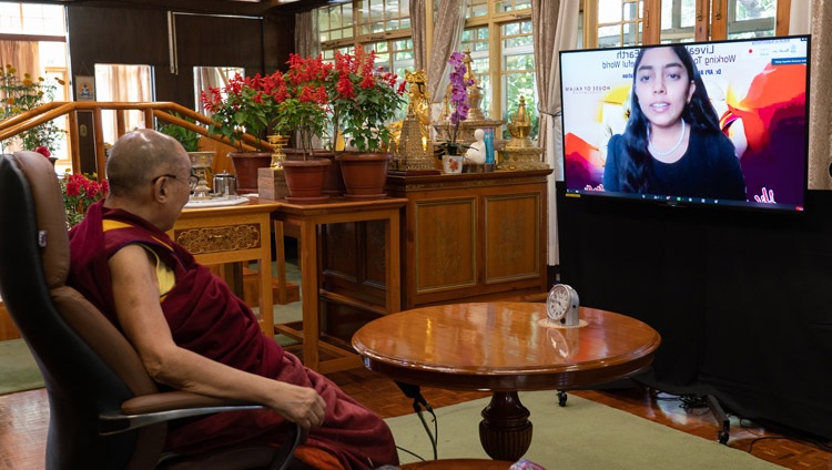 A student asking His Holiness the Dalai Lama a question during his virtual talk on Working Together for a Peaceful World from his residence in Dharamsala, HP, India on October 15, 2020. Photo by Ven Tenzin Jamphel A student asking His Holiness the Dalai Lama a question during his virtual talk on Working Together for a Peaceful World from his residence in Dharamsala, HP, India on October 15, 2020. Photo by Ven Tenzin Jamphel
