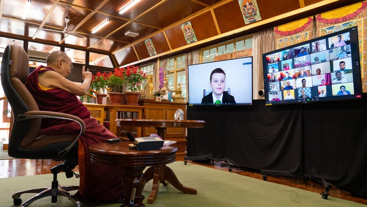 His Holiness the Dalai Lama answering a question from a student during his virtual interaction organized by the Dr APJ Abdul Kalam International Foundation from his residence in Dharamsala, HP, India on October 15, 2020. Photo by Ven Tenzin Jamphel His Holiness the Dalai Lama answering a question from a student during his virtual interaction organized by the Dr APJ Abdul Kalam International Foundation from his residence in Dharamsala, HP, India on October 15, 2020. Photo by Ven Tenzin Jamphel