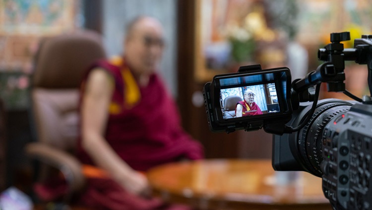 His Holiness the Dalai Lama taking part in a virtual discussion organized by EdCamp Ukraine from his residence in Dharamsala, HP, India on October 20, 2020. Photo by Ven Tenzin Jamphel