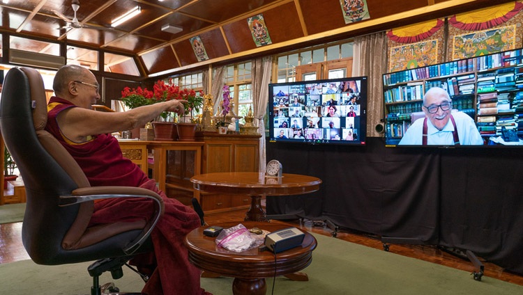 His Holiness the Dalai Lama interacting with Fali Nariman, a senior advocate to the Supreme Court of India, during the question and answer session during his virtual talk on "India's Heritage of Karuna and Ahimsa" from his residence in Dharamsala, HP, India on October 26, 2020. Photo by Ven Tenzin Jamphel His Holiness the Dalai Lama interacting with Fali Nariman, a senior advocate to the Supreme Court of India, during the question and answer session during his virtual talk on "India's Heritage of Karuna and Ahimsa" from his residence in Dharamsala, HP, India on October 26, 2020. Photo by Ven Tenzin Jamphel