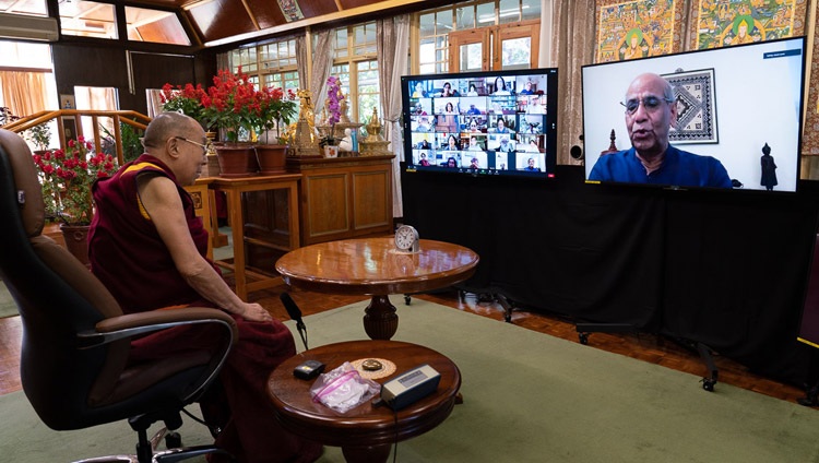 Shyam Saran, former Foreign Secretary of India, asking His Holiness the Dalai Lama a question about emotional hygiene during the virtual talk from His Holiness's residence in Dharamsala, HP, India on October 26, 2020. Photo by Ven Tenzin Jamphel Shyam Saran, former Foreign Secretary of India, asking His Holiness the Dalai Lama a question about emotional hygiene during the virtual talk from His Holiness's residence in Dharamsala, HP, India on October 26, 2020. Photo by Ven Tenzin Jamphel