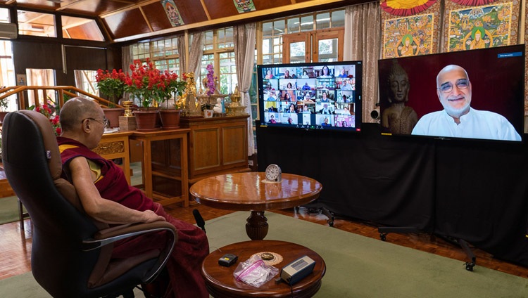 Moderator Rajiv Mehrotra, Secretary of the the Foundation for Universal Responsibility of His Holiness the Dalai Lama (FURHHDL) following up on a question during the question and answer session during his virtual talk on "India's Heritage of Karuna and Ahimsa" from his residence in Dharamsala, HP, India on October 26, 2020. Photo by Ven Tenzin Jamphel Moderator Rajiv Mehrotra, Secretary of the the Foundation for Universal Responsibility of His Holiness the Dalai Lama (FURHHDL) following up on a question during the question and answer session during his virtual talk on "India's Heritage of Karuna and Ahimsa" from his residence in Dharamsala, HP, India on October 26, 2020. Photo by Ven Tenzin Jamphel