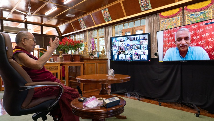 His Holiness the Dalai Lama answering a question posed by social worker, and son of Baba Amte, Prakash Baba Amte, during his talk virtual talk on "India's Heritage of Karuna and Ahimsa" from his residence in Dharamsala, HP, India on October 26, 2020. Photo by Ven Tenzin Jamphel His Holiness the Dalai Lama answering a question posed by social worker, and son of Baba Amte, Prakash Baba Amte, during his talk virtual talk on "India's Heritage of Karuna and Ahimsa" from his residence in Dharamsala, HP, India on October 26, 2020. Photo by Ven Tenzin Jamphel