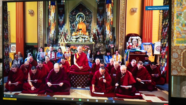 Members of Kuntse Choinoei Datsang in St Petersburg chanting the Heart Sutra to open the virtual teachings by His Holiness the Dalai Lama from his residence in Dharamsala, HP, India on November 5, 2020. Photo by Ven Tenzin Jamphel Members of Kuntse Choinoei Datsang in St Petersburg chanting the Heart Sutra to open the virtual teachings by His Holiness the Dalai Lama from his residence in Dharamsala, HP, India on November 5, 2020. Photo by Ven Tenzin Jamphel