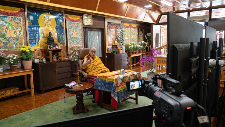 His Holiness the Dalai Lama addressing the virtual audience on the first day of teachings requested by Russian Buddhists from his residence in Dharamsala, HP, India on November 5, 2020. Photo by Ven Tenzin Jamphel His Holiness the Dalai Lama addressing the virtual audience on the first day of teachings requested by Russian Buddhists from his residence in Dharamsala, HP, India on November 5, 2020. Photo by Ven Tenzin Jamphel