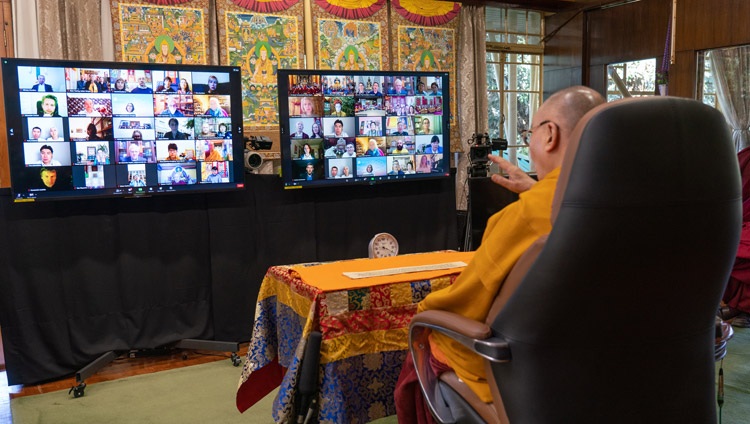 His Holiness the Dalai Lama addressing the virtual audience on the first day of teachings on Nagarjuna's "Commentary on the Awakening Mind" from his residence in Dharamsala, HP, India on November 5, 2020. Photo by Ven Tenzin Jamphel His Holiness the Dalai Lama addressing the virtual audience on the first day of teachings on Nagarjuna's "Commentary on the Awakening Mind" from his residence in Dharamsala, HP, India on November 5, 2020. Photo by Ven Tenzin Jamphel