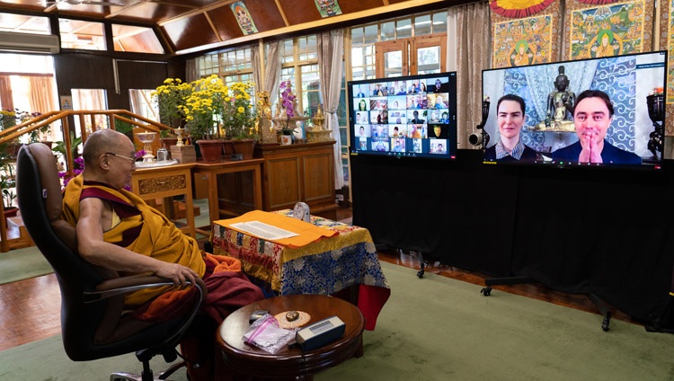 His Holiness the Dalai Lama answering a question from the virtual audience of Russian Buddhists on the first day of teachings from his residence in Dharamsala, HP, India on November 5, 2020. Photo by Ven Tenzin Jamphel His Holiness the Dalai Lama answering a question from the virtual audience of Russian Buddhists on the first day of teachings from his residence in Dharamsala, HP, India on November 5, 2020. Photo by Ven Tenzin Jamphel
