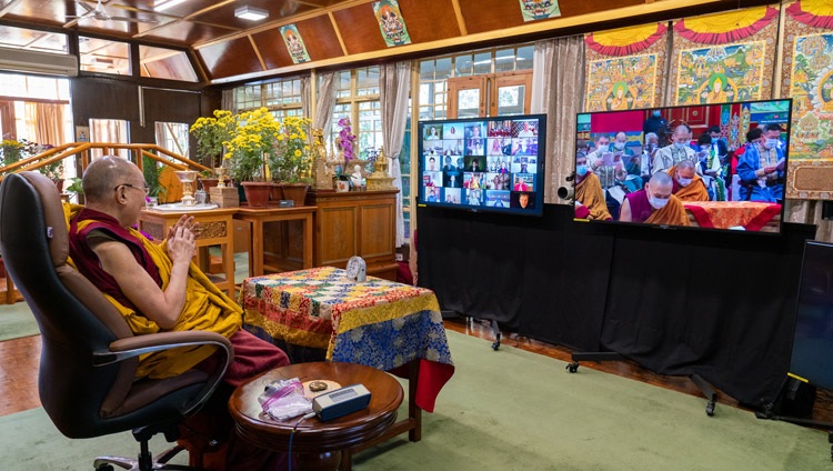Members of the ‘Golden Abode of Buddha Shakyamuni’, the Central Buddhist Monastery in the Republic of Kalmykia, reciting the ‘Heart Sutra’ in the Kalmyk language on the third day of His Holiness the Dalai Lama's virtual teachings from his residence in Dharamsala, HP, India on November 7, 2020. Photo by Ven Tenzin Jamphel Members of the ‘Golden Abode of Buddha Shakyamuni’, the Central Buddhist Monastery in the Republic of Kalmykia, reciting the ‘Heart Sutra’ in the Kalmyk language on the third day of His Holiness the Dalai Lama's virtual teachings from his residence in Dharamsala, HP, India on November 7, 2020. Photo by Ven Tenzin Jamphel
