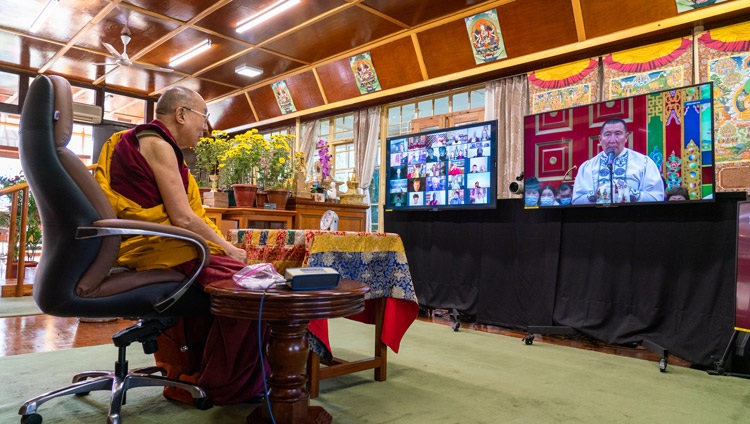 His Holiness the Dalai Lama listening to a question from a member of the virtual audience on the third day of his teachings requested by Russian Buddhists from his residence in Dharamsala, HP, India on November 7, 2020. Photo by Ven Tenzin Jamphel His Holiness the Dalai Lama listening to a question from a member of the virtual audience on the third day of his teachings requested by Russian Buddhists from his residence in Dharamsala, HP, India on November 7, 2020. Photo by Ven Tenzin Jamphel