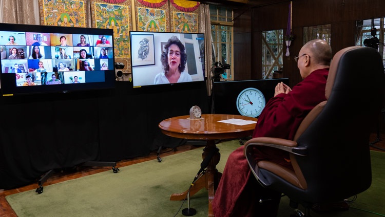 Prof Susan Neiman, Director of the Einstein Forum, opening the conversation with His Holiness the Dalai Lama at his residence in Dharamsala, HP, India on November 25, 2020. Photo by Ven Tenzin Jamphel